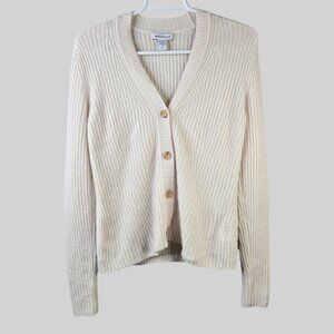 Athleta Cardigan Sweater SM White Cream Merino Wool Blend Ribbed Button Front